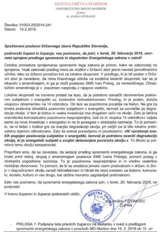Dopis, ki ga župani in županja podravskih občin pošiljajo poslancem Državnega zbora. Vir: MO Maribor