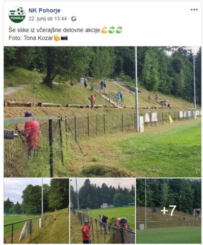 Objava na družbenem omrežju o uspešno izpeljani akciji urejanja stadiona. Vir: Facebook stran NK Pohorje