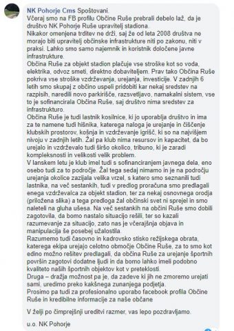 Objava NK Pohorje na uradni Facebook strani Občine Ruše