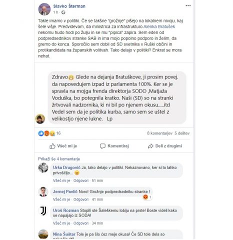 Objava Slavka Štermana na Facebooku o političnih pritiskih nanj. Vir: Facebook